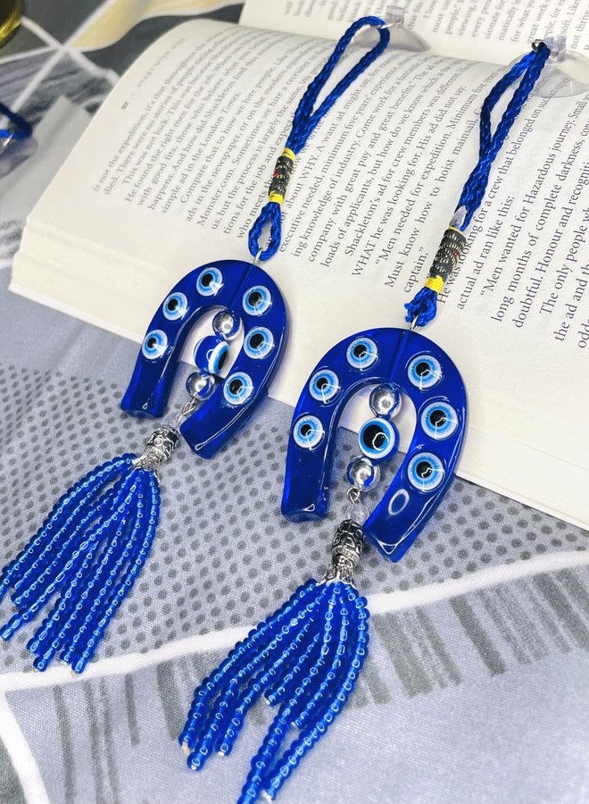 WARMINGO DE 2 Pc Horse Shoe Small Evil Eye Hanging for Car, Home & Office | Evil Eye for Nazar Protection | Horse Shoe Blue - Image 1